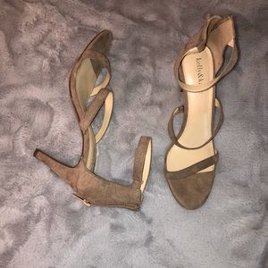 Tan faux suede heels zip up